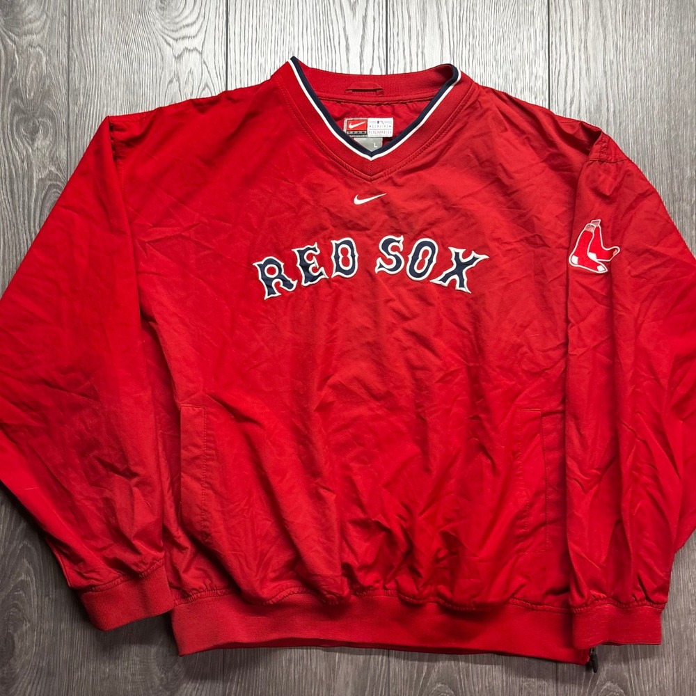 Nike Boston Red Sox Y2k Mens Large MLB V-Neck Windbreaker Pullover Red Vintage